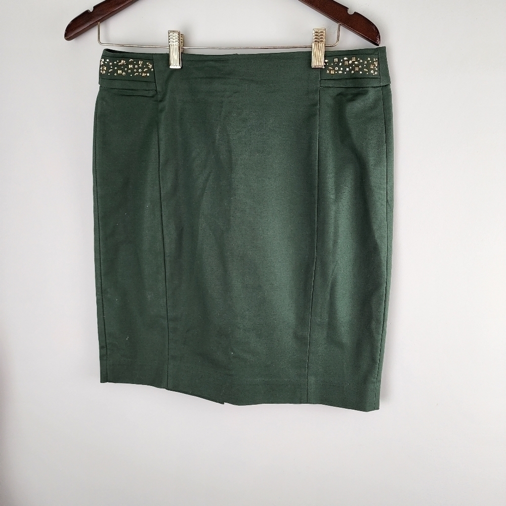 Ellen Tracy Women's Olive Green Pencil Midi Skirt With Beaded Detail Size 2